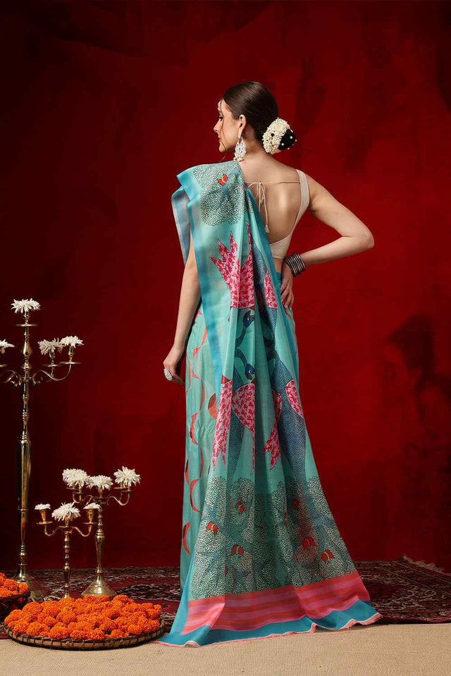 Turquoise Printed Cotton Ready to Wear Saree