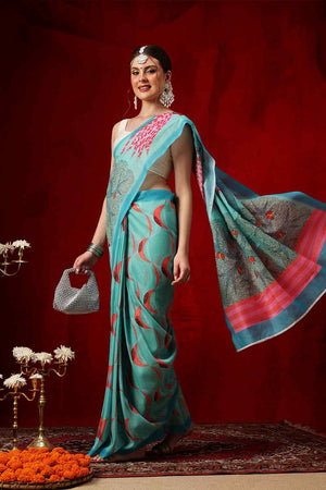 Turquoise Printed Cotton Ready to Wear Saree