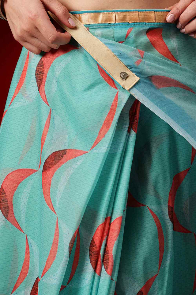Turquoise Printed Cotton Ready to Wear Saree