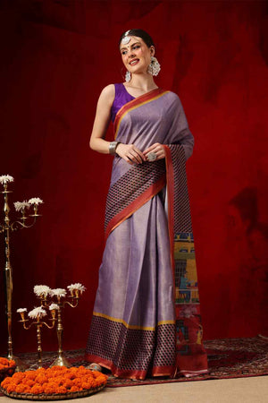 Lavender Printed Cotton Blend Ready to Wear Saree