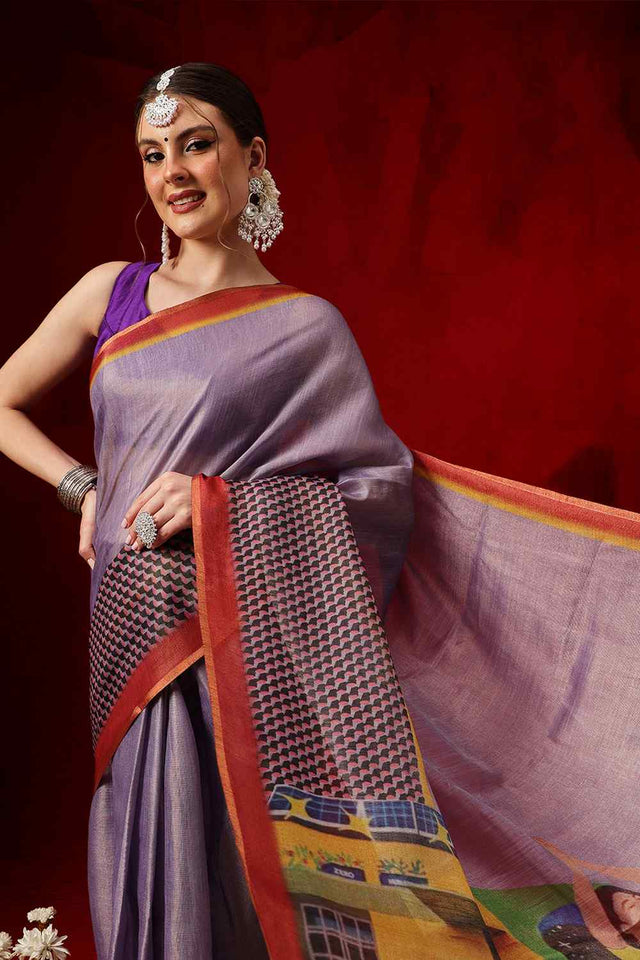 Lavender Printed Cotton Blend Ready to Wear Saree
