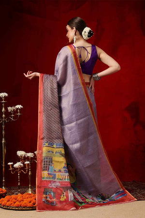Lavender Printed Cotton Blend Ready to Wear Saree