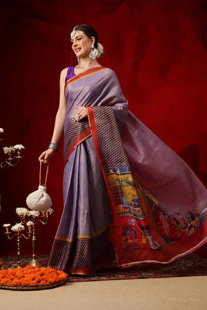 Lavender Printed Cotton Blend Ready to Wear Saree