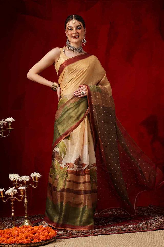 Multi Color Printed Cotton Blend Ready to Wear Saree