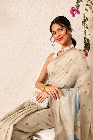 Beige Polka Dots Printed Cotton Blend Ready to Wear Saree