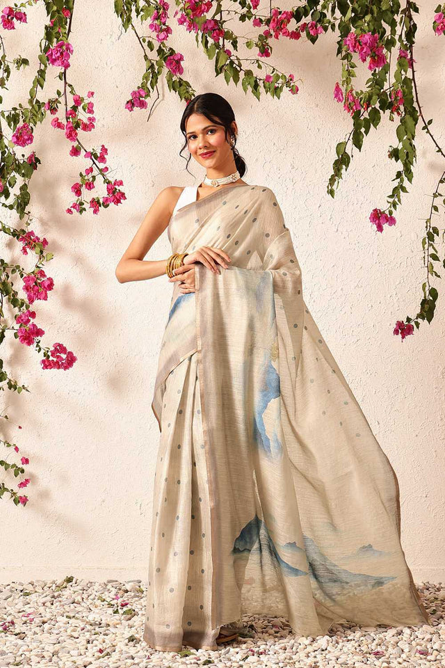 Beige Polka Dots Printed Cotton Blend Ready to Wear Saree