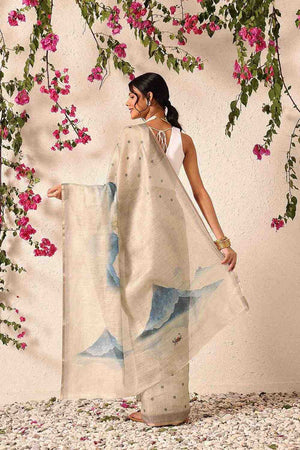 Beige Polka Dots Printed Cotton Blend Ready to Wear Saree