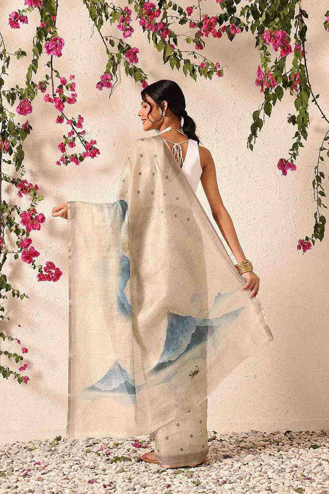 Beige Polka Dots Printed Cotton Blend Ready to Wear Saree
