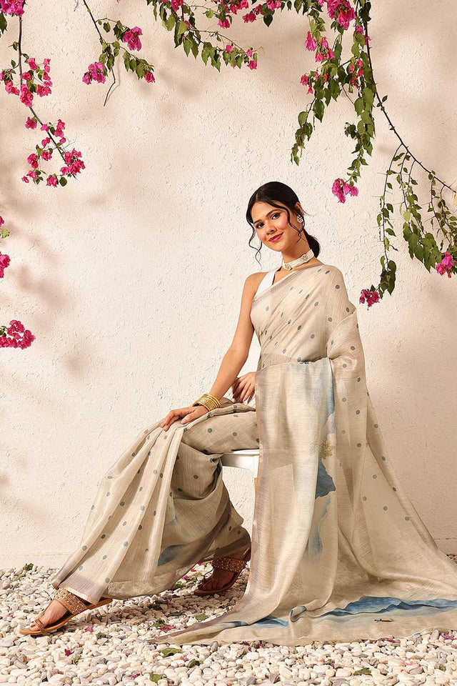 Beige Polka Dots Printed Cotton Blend Ready to Wear Saree