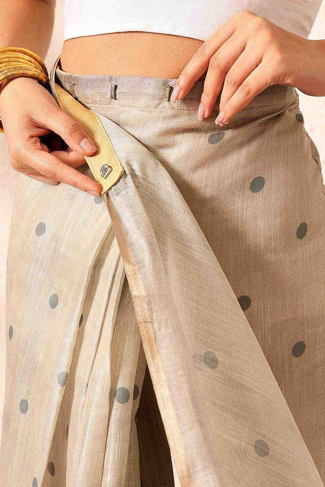 Beige Polka Dots Printed Cotton Blend Ready to Wear Saree