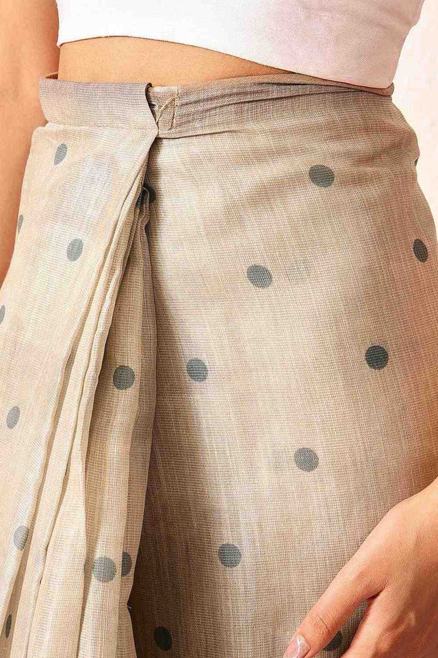 Beige Polka Dots Printed Cotton Blend Ready to Wear Saree
