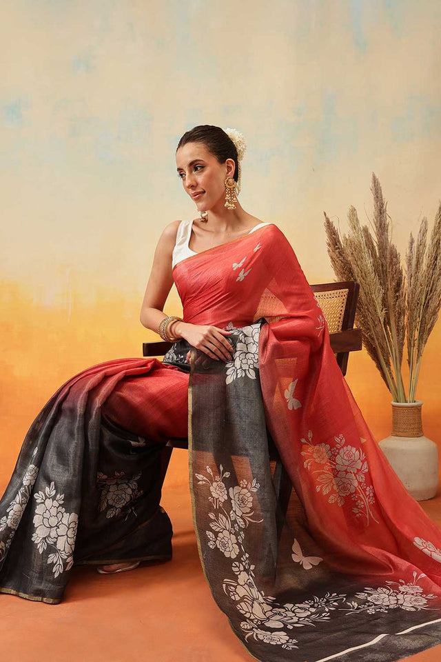 Black Floral Printed Cotton Blend Ready to Wear Saree