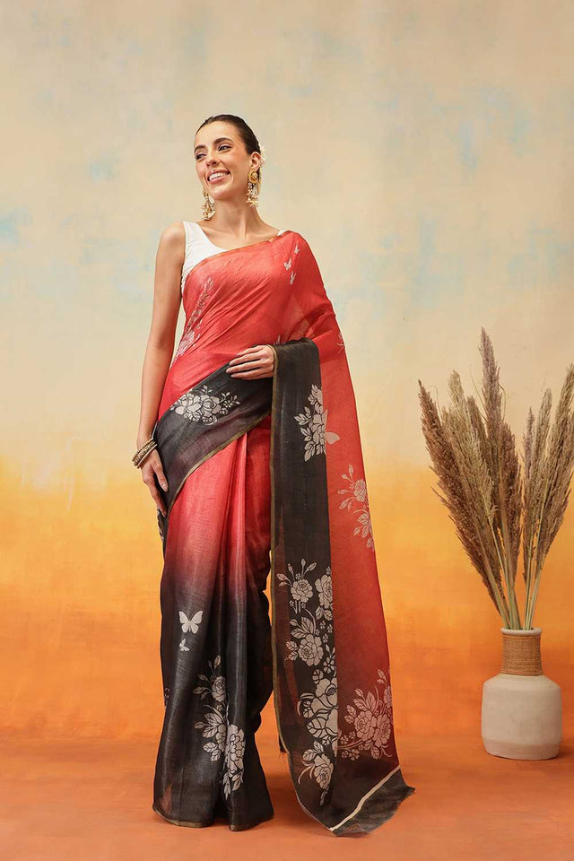 Black Floral Printed Cotton Blend Ready to Wear Saree