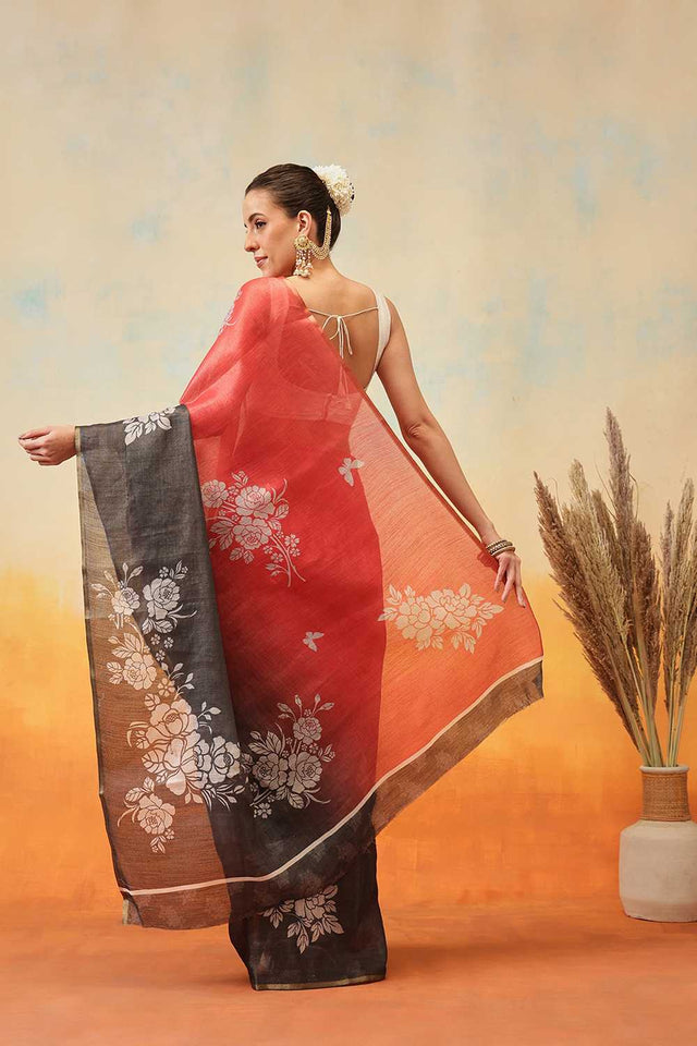 Black Floral Printed Cotton Blend Ready to Wear Saree