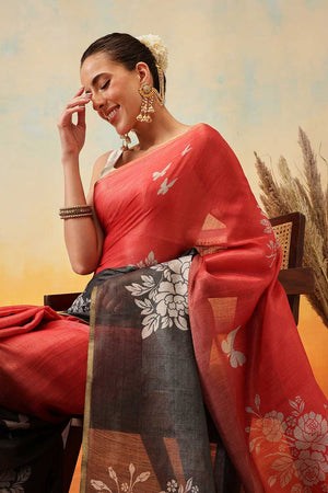 Black Floral Printed Cotton Blend Ready to Wear Saree