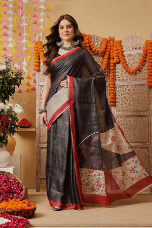 Grey Printed Cotton Blend Ready to Wear Saree