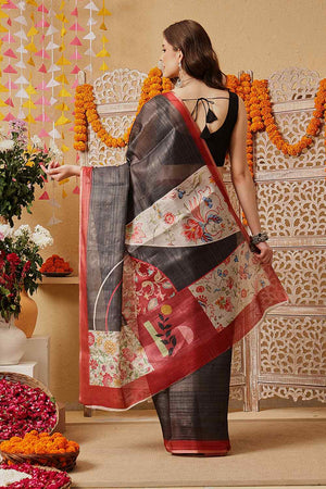Grey Printed Cotton Blend Ready to Wear Saree
