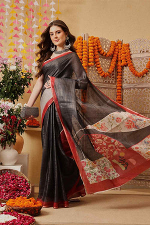 Grey Printed Cotton Blend Ready to Wear Saree