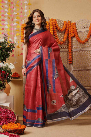 Red Printed Cotton Blend Ready to Wear Saree