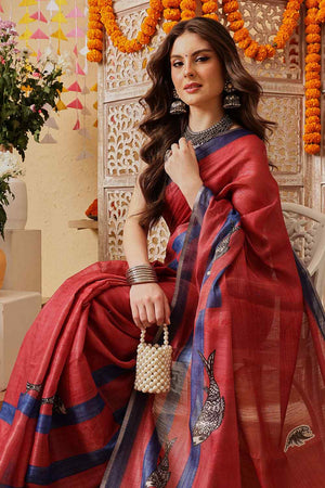 Red Printed Cotton Blend Ready to Wear Saree