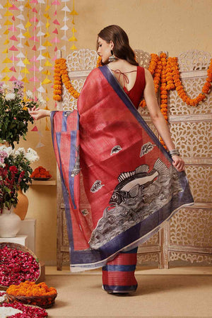 Red Printed Cotton Blend Ready to Wear Saree