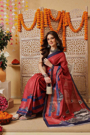 Red Printed Cotton Blend Ready to Wear Saree