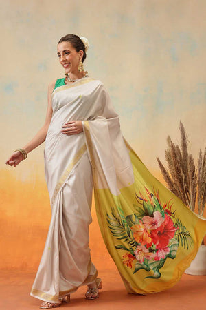 White Floral Printed Art Silk Ready to Wear Saree
