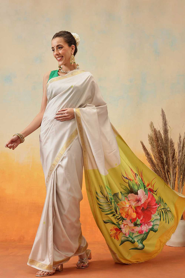 White Floral Printed Art Silk Ready to Wear Saree