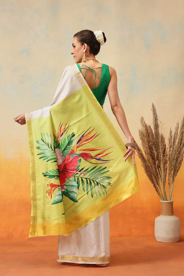 White Floral Printed Art Silk Ready to Wear Saree
