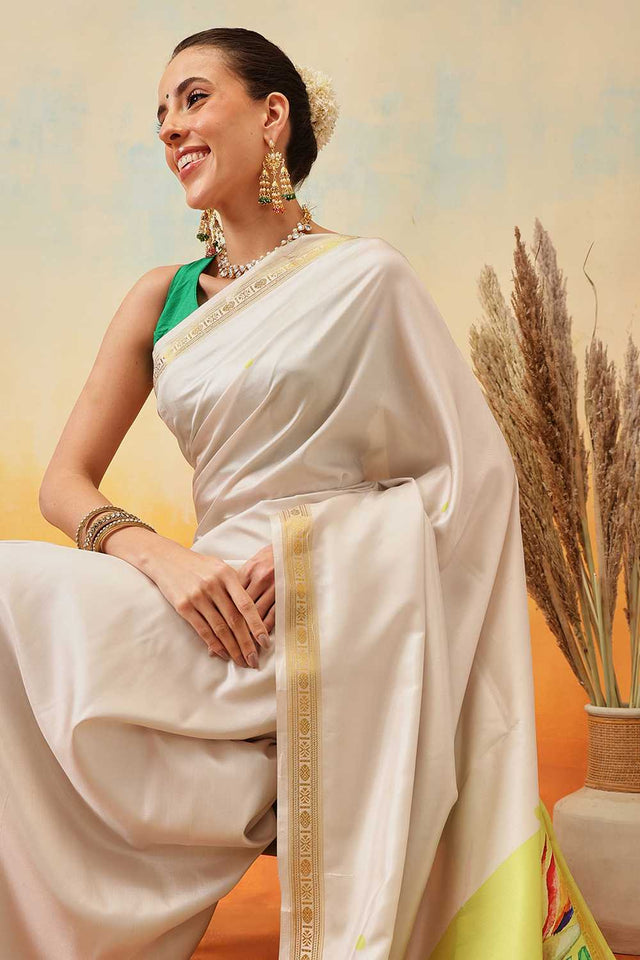 White Floral Printed Art Silk Ready to Wear Saree