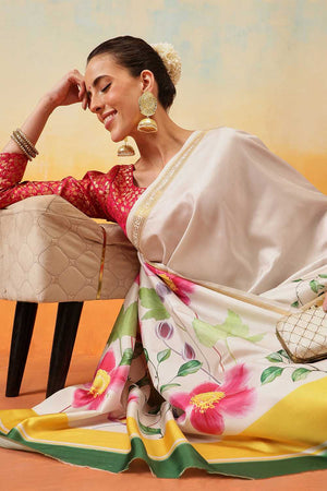 White Floral Printed Art Silk Ready to Wear Saree