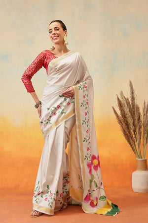 White Floral Printed Art Silk Ready to Wear Saree