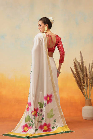 White Floral Printed Art Silk Ready to Wear Saree