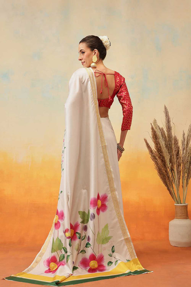 White Floral Printed Art Silk Ready to Wear Saree
