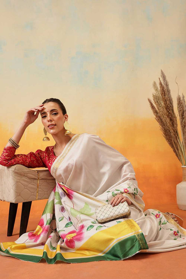 White Floral Printed Art Silk Ready to Wear Saree