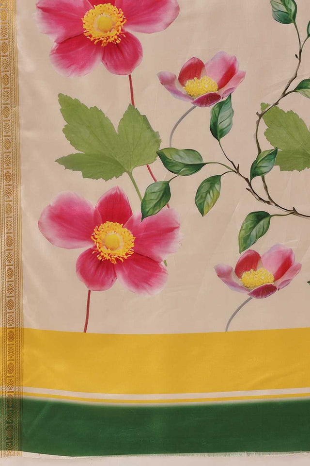 White Floral Printed Art Silk Ready to Wear Saree