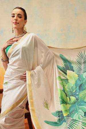 White Floral Printed Art Silk Ready to Wear Saree