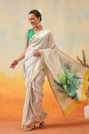 White Floral Printed Art Silk Ready to Wear Saree