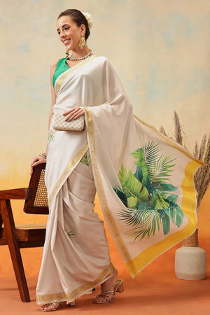 White Floral Printed Art Silk Ready to Wear Saree