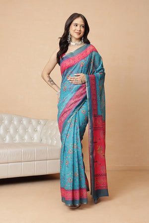 Blue Floral Printed Cotton Blend Saree (SZR-DGPAITHANI-BU-2913)