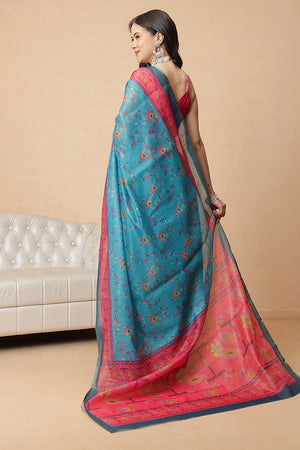 Blue Floral Printed Cotton Blend Saree (SZR-DGPAITHANI-BU-2913)
