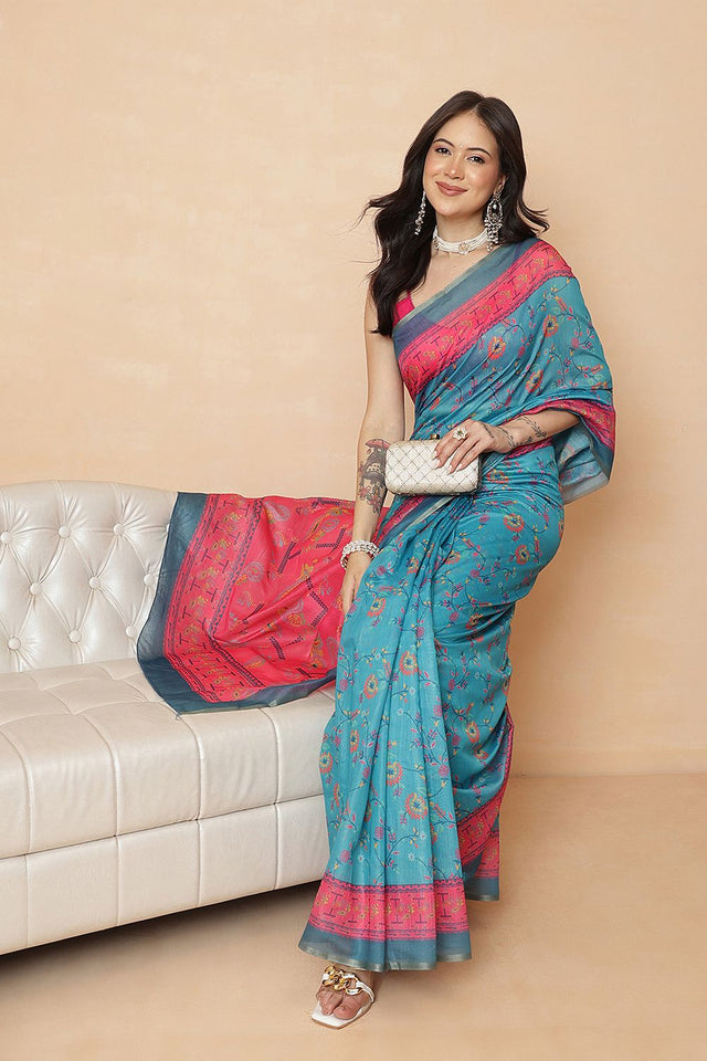 Blue Floral Printed Cotton Blend Saree (SZR-DGPAITHANI-BU-2913)