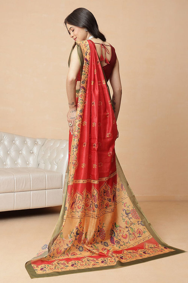 Red Floral Printed Cotton Blend Saree (SZR-DGPAITHANI-RD-2915)