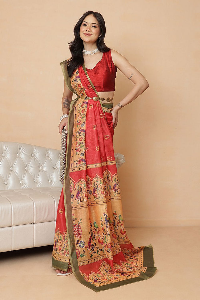 Red Floral Printed Cotton Blend Saree (SZR-DGPAITHANI-RD-2915)