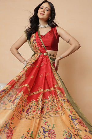Red Floral Printed Cotton Blend Saree (SZR-DGPAITHANI-RD-2915)