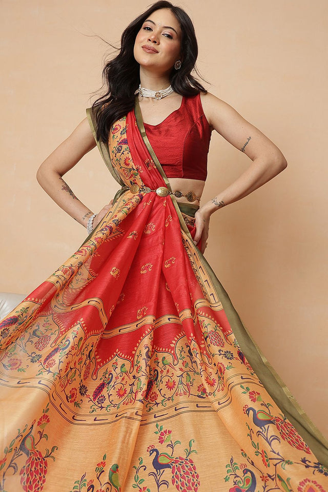 Red Floral Printed Cotton Blend Saree (SZR-DGPAITHANI-RD-2915)
