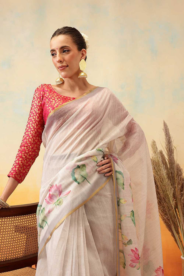 Beige Floral Printed Cotton Blend Ready to Wear Saree