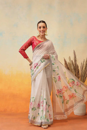 Beige Floral Printed Cotton Blend Ready to Wear Saree
