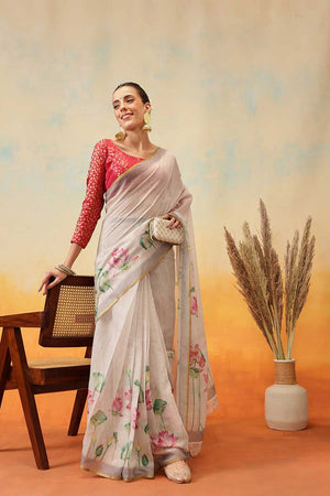 Beige Floral Printed Cotton Blend Ready to Wear Saree