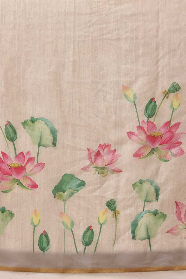 Beige Floral Printed Cotton Blend Ready to Wear Saree